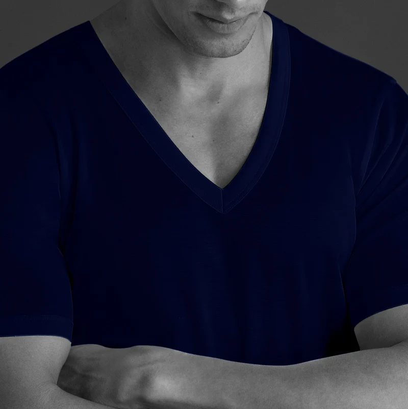T-shirt col V - Bleu - Coton