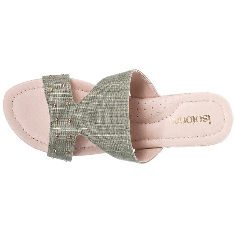Mules sandales Femme cloutée talon corde Kaki