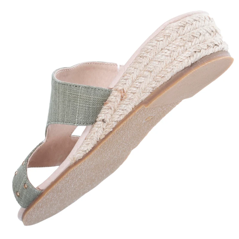 Mules sandales Femme cloutée talon corde Kaki