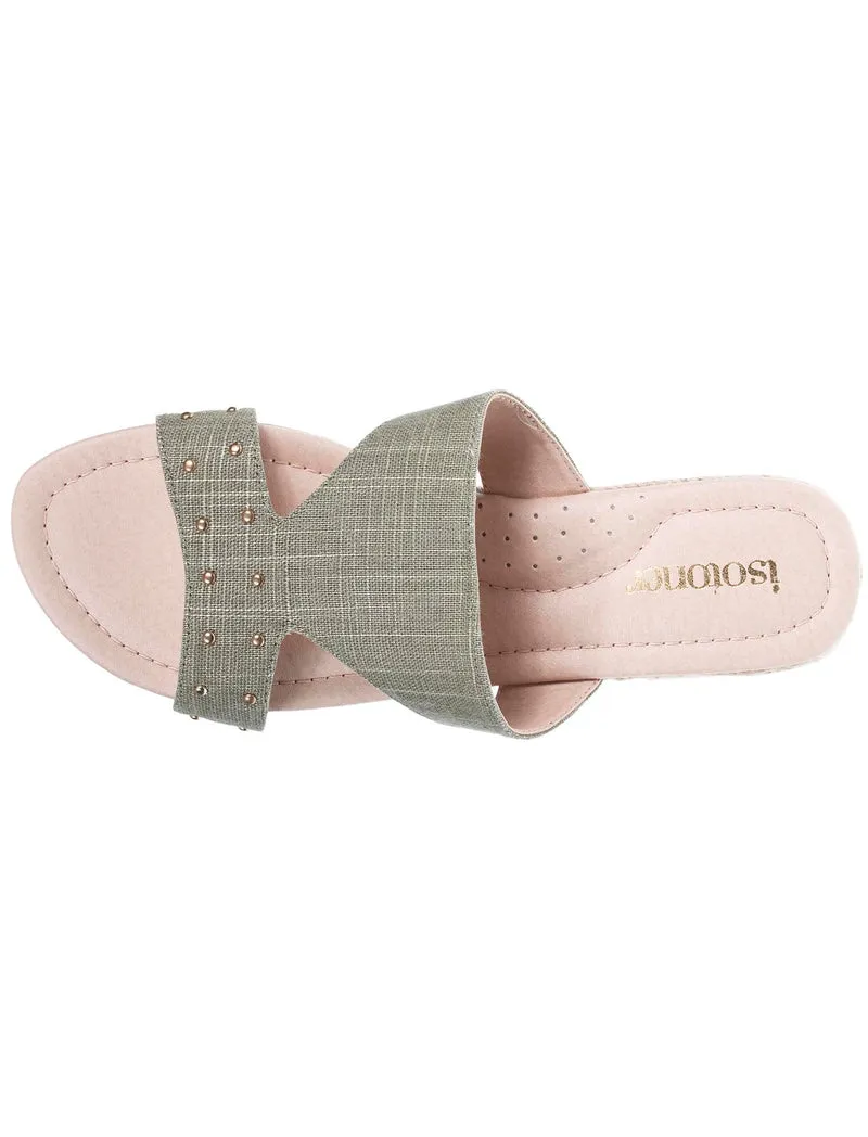 Mules sandales Femme cloutée talon corde Kaki