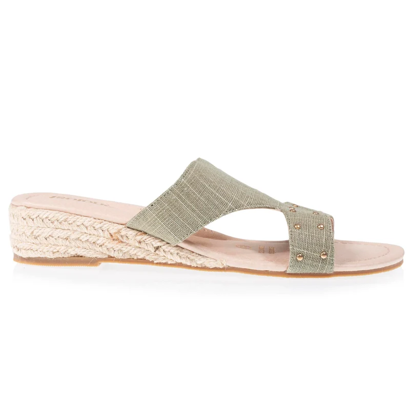 Mules sandales Femme cloutée talon corde Kaki