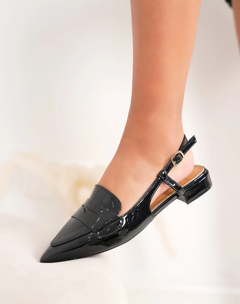 Escarpins femme plats noir vernis à bout pointu avec bride arrière élégante