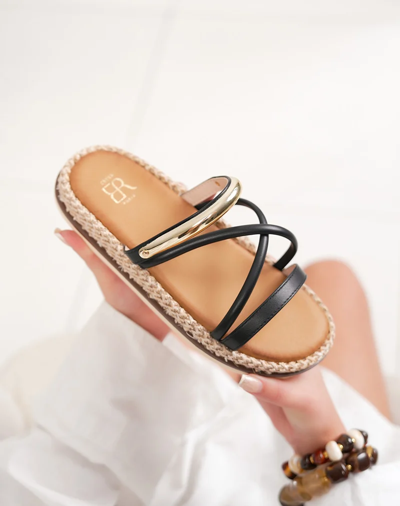 Mules femme noires tendance à brides dorée et plateforme en jute naturelle