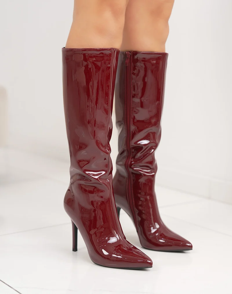 Bottes femme bordeaux en vinyle, élégantes à talon aiguille et bout pointu
