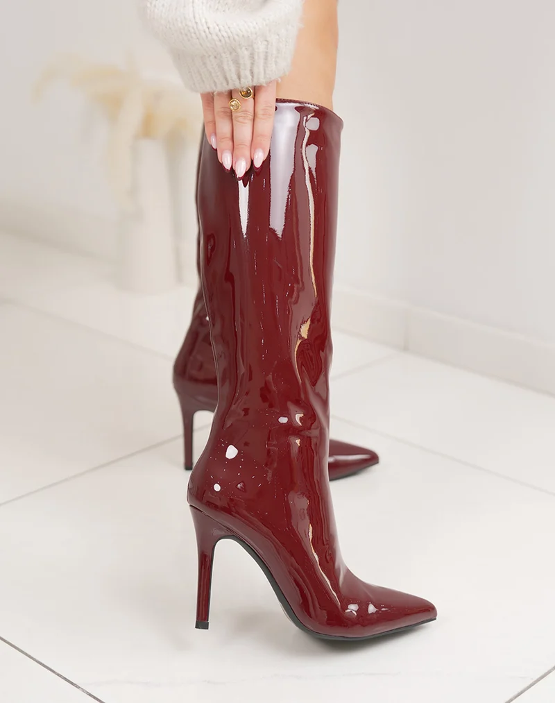 Bottes femme bordeaux en vinyle, élégantes à talon aiguille et bout pointu