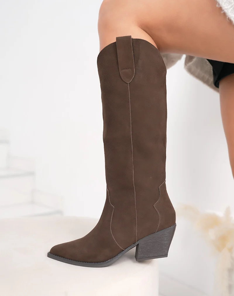 Santiag femme marron en cuir avec talon biseauté et intérieur fourré