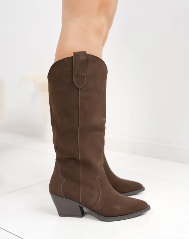 Santiag femme marron en cuir avec talon biseauté et intérieur fourré