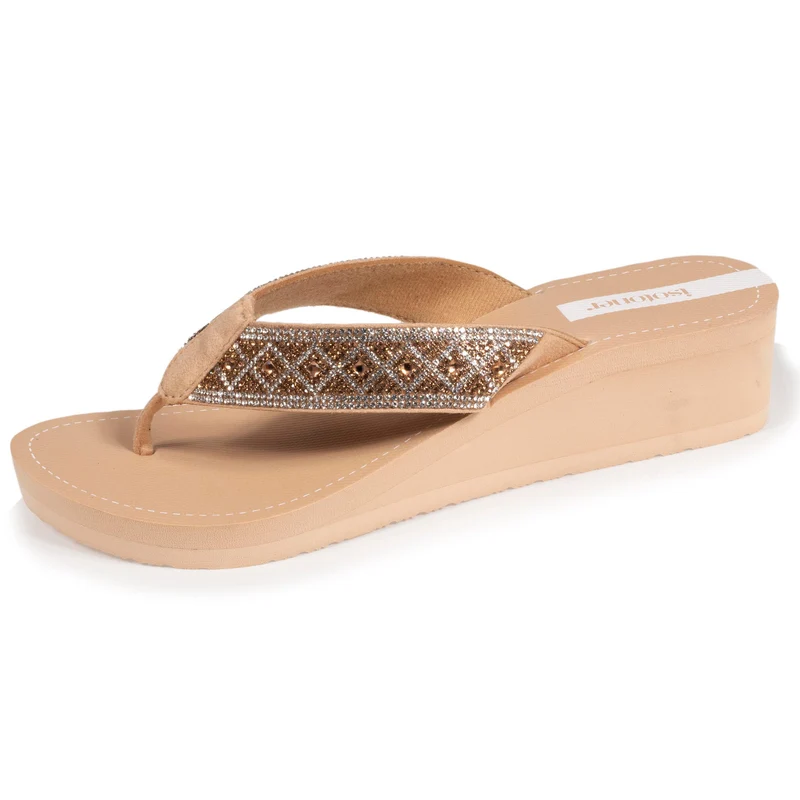 Tongs Femme talon paillettes Beige