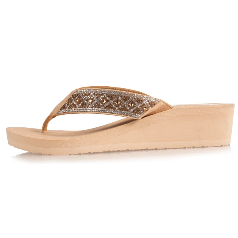 Tongs Femme talon paillettes Beige
