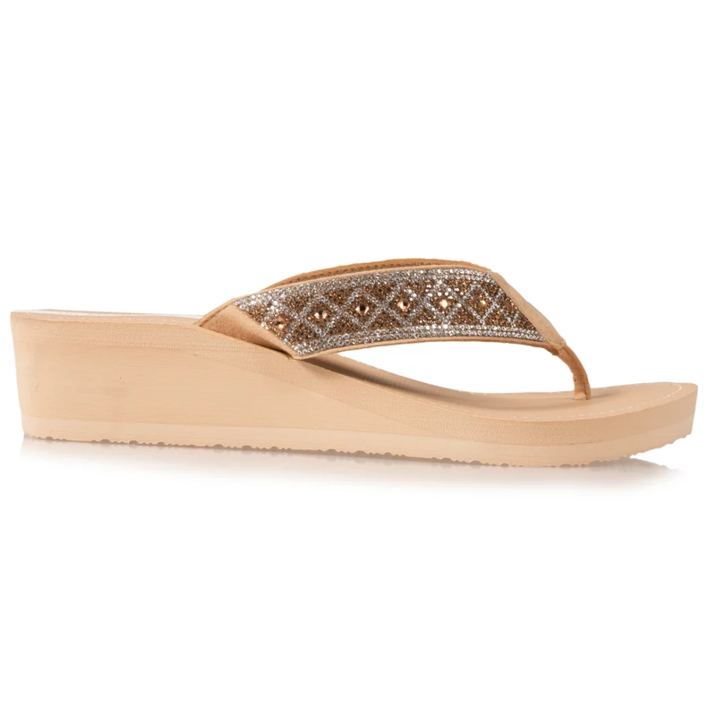 Tongs Femme talon paillettes Beige