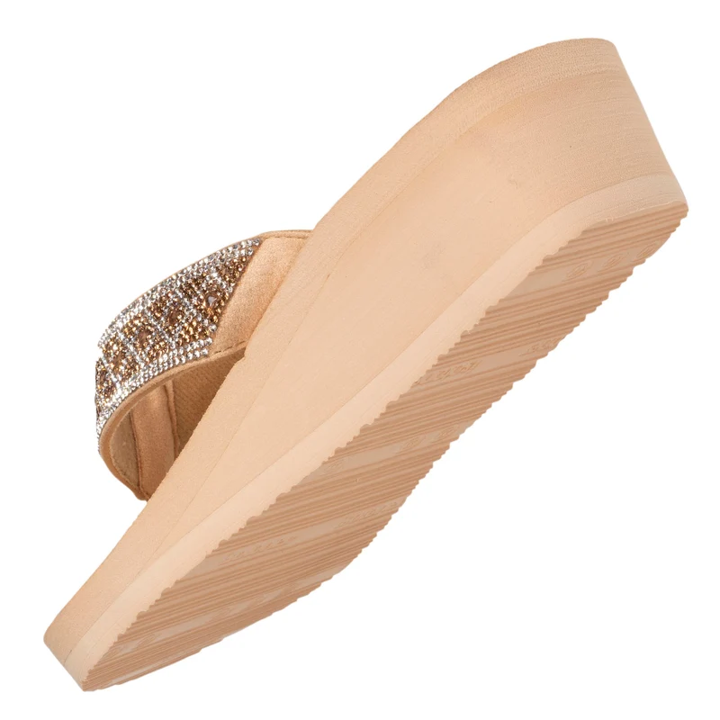 Tongs Femme talon paillettes Beige