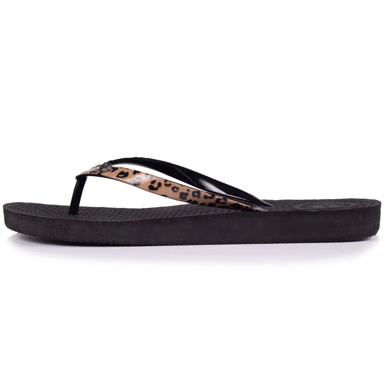 Tongs Femme tige imprimé léopard Noir