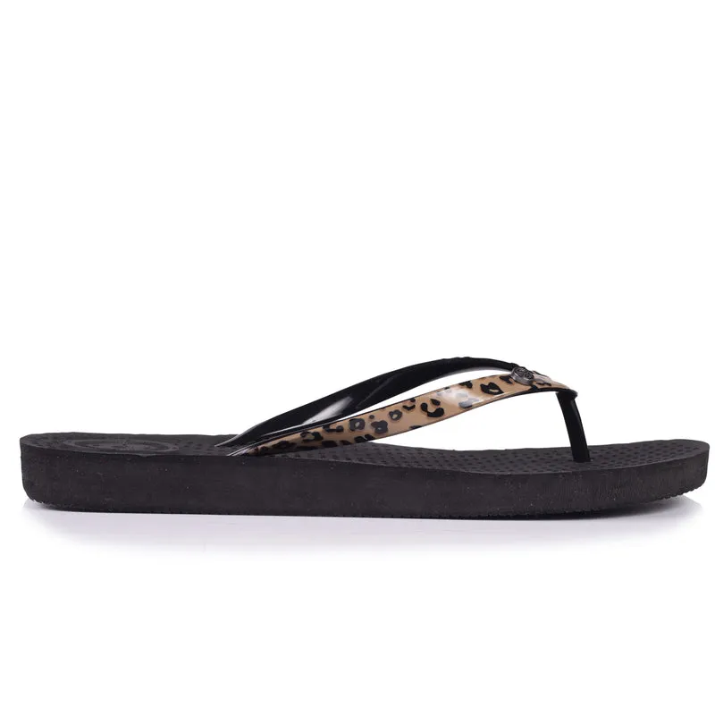 Tongs Femme tige imprimé léopard Noir