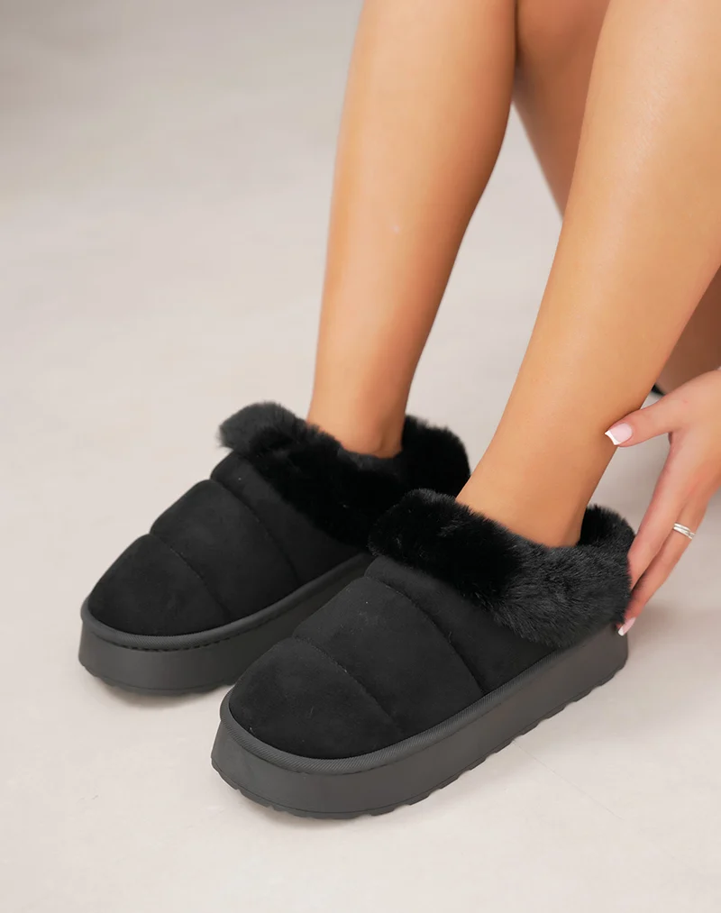 Mules noires à fourrure avec plateforme