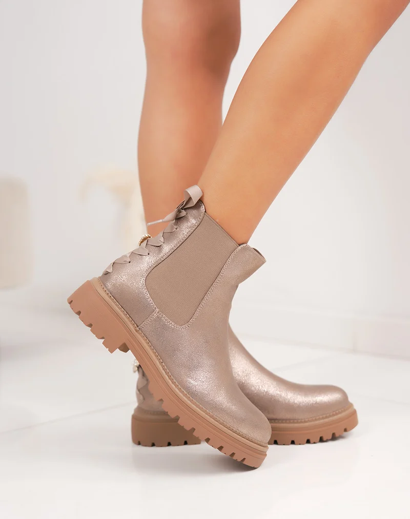 Bottines femme taupe irisées élégantes style chelsea avec nœud et détail cœur