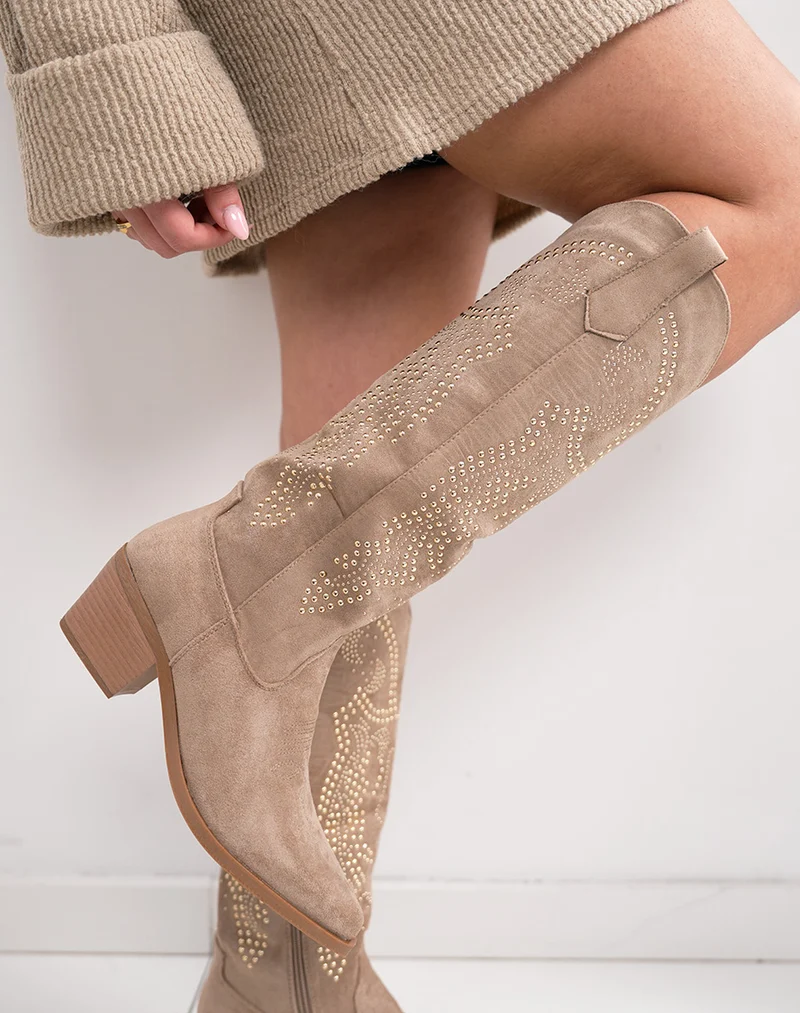 Santiags femme beige à strass en suédine avec bout pointu et talon épais tendance