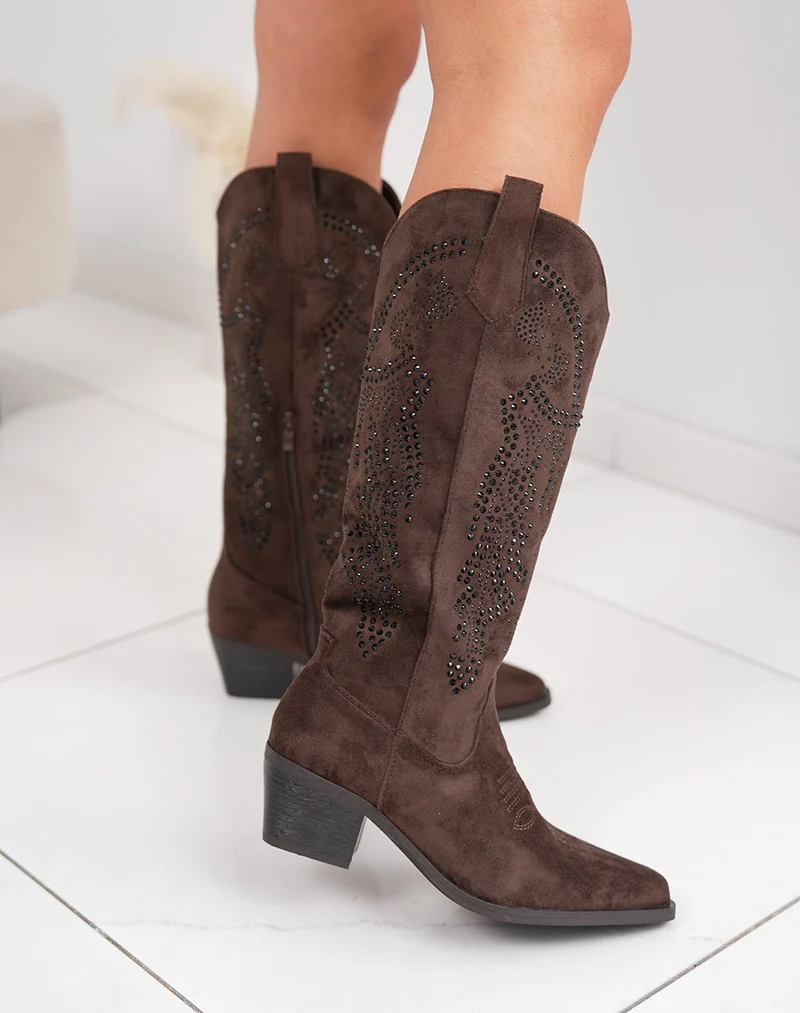 Santiags femme marron à strass en suédine avec bout pointu et talon épais tendance