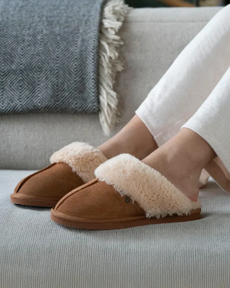 Chaussons mules fourrées Femme Camel