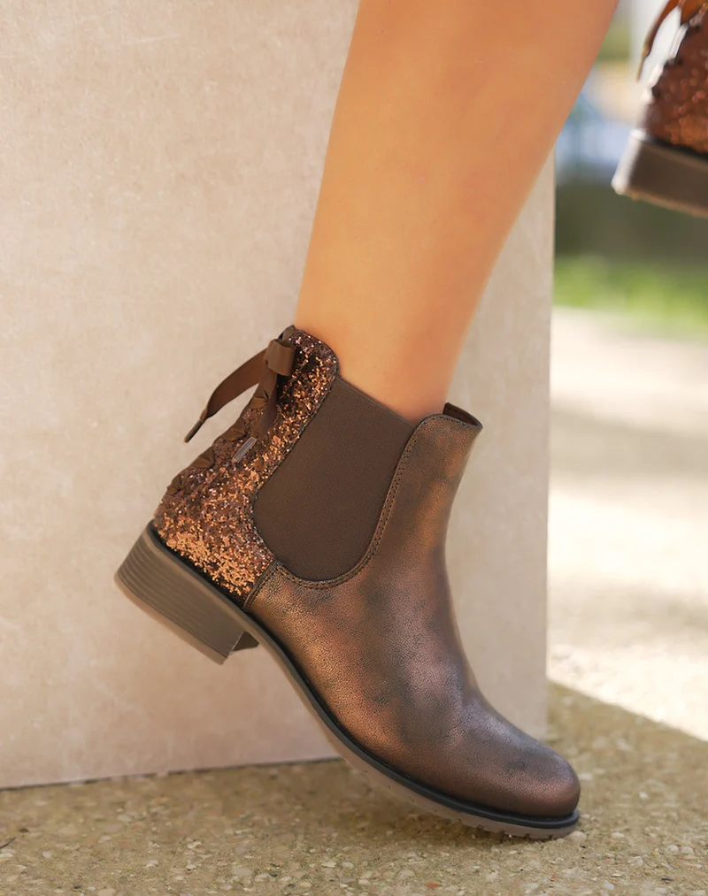 Bottines marron irisées avec paillettes et nœud