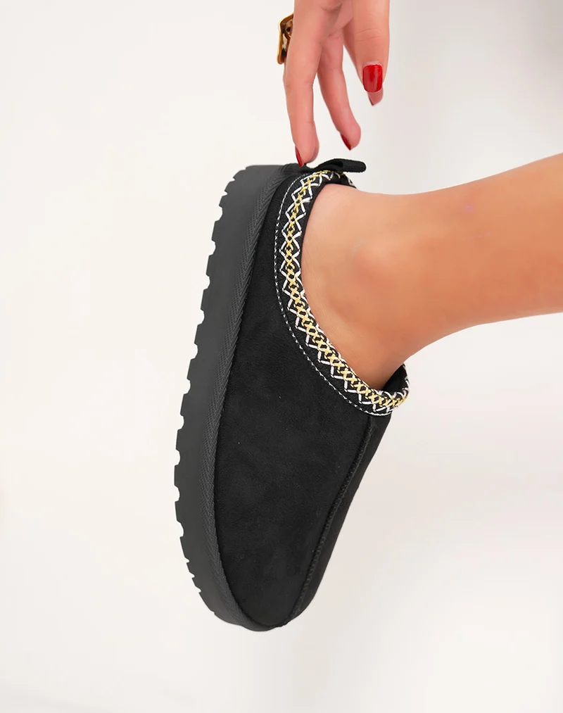 Mules femme noires élégantes en suédine avec liseré rayé et intérieur fourré
