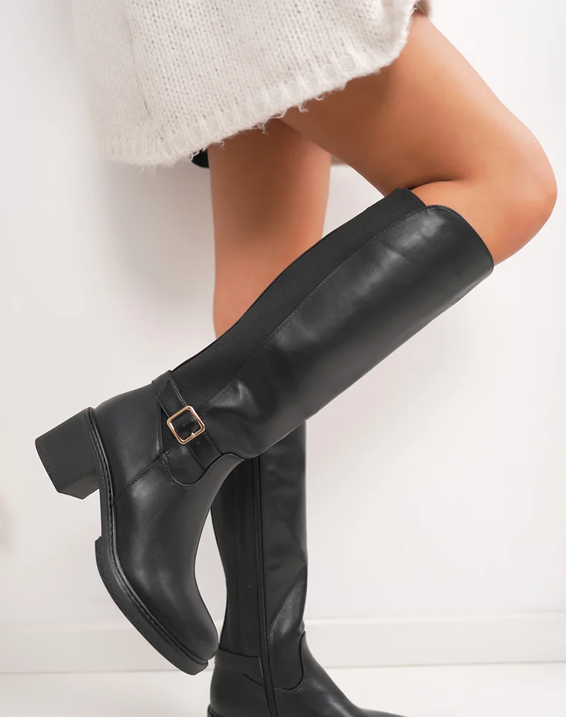 Bottes noires à talon avec élastique et boucle dorée – Élégance et confort au quotidien