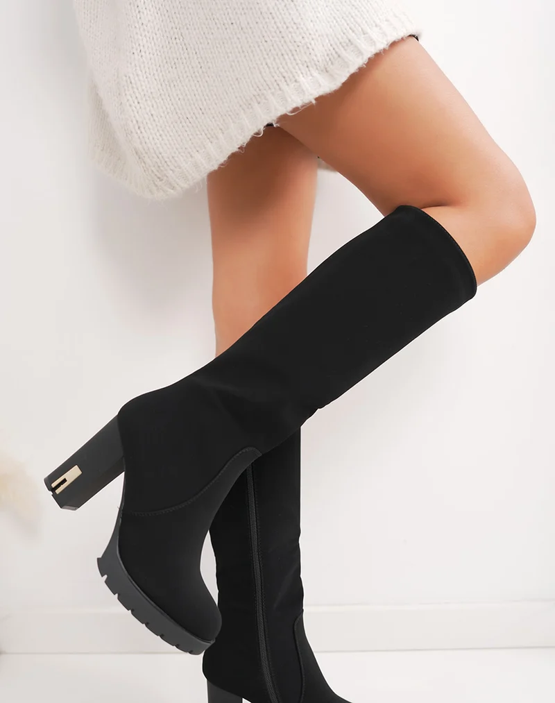 Bottes femme noires effet chaussette à talons hauts avec détail doré et semelle crantée