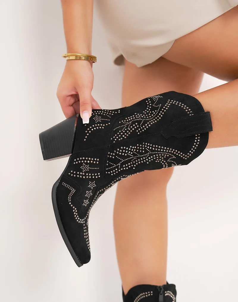 Bottines noires en suédine à strass style santiags