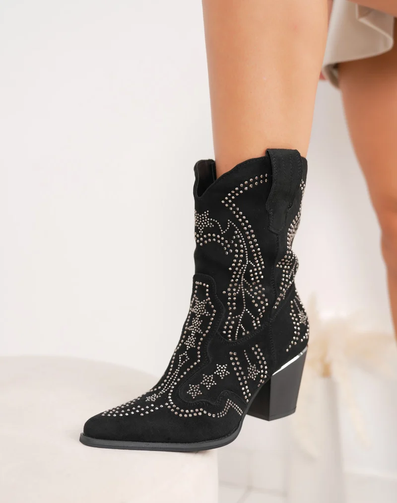 Bottines noires en suédine à strass style santiags