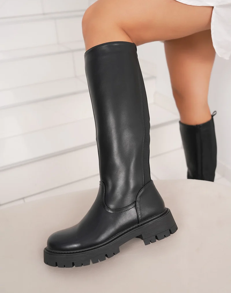 Bottes cavalières noires à semelle crantée