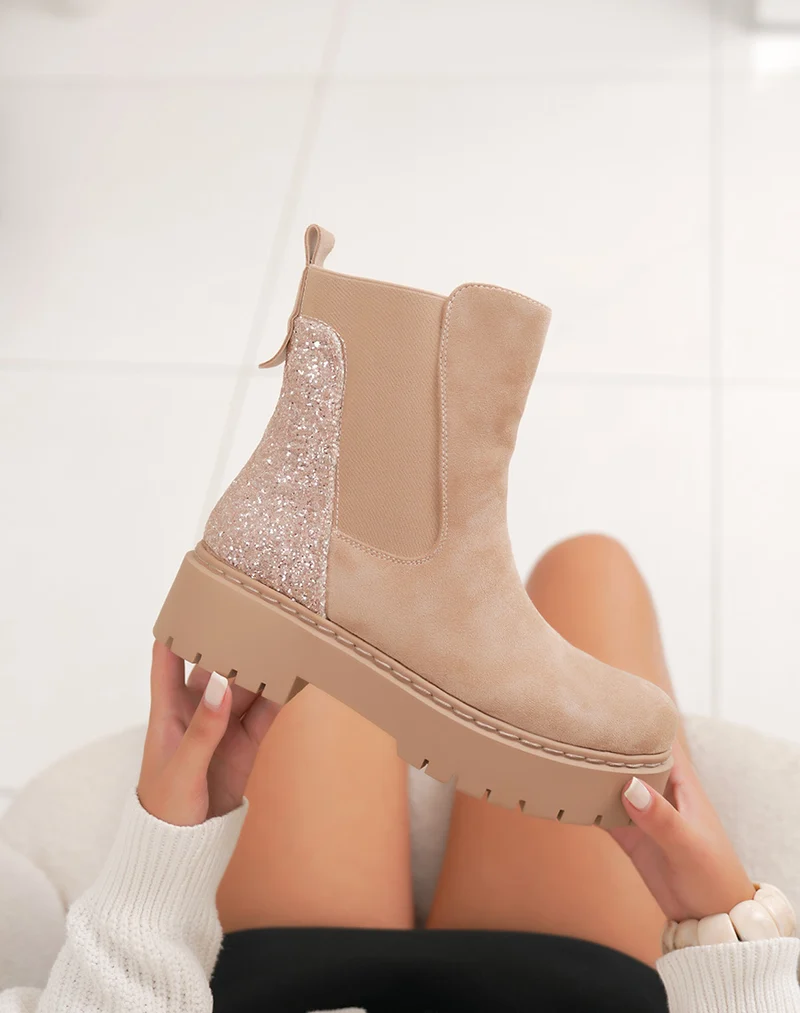 Bottines femme beiges tendance style Chelsea en suédine avec paillettes