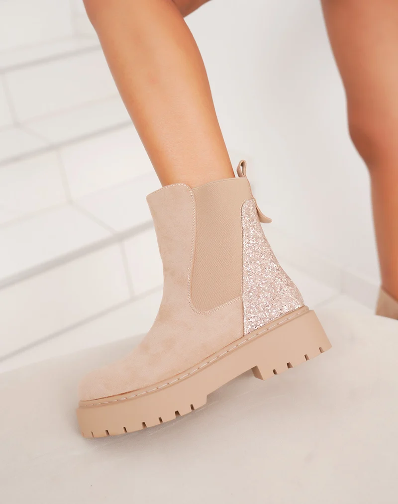 Bottines femme beiges tendance style Chelsea en suédine avec paillettes