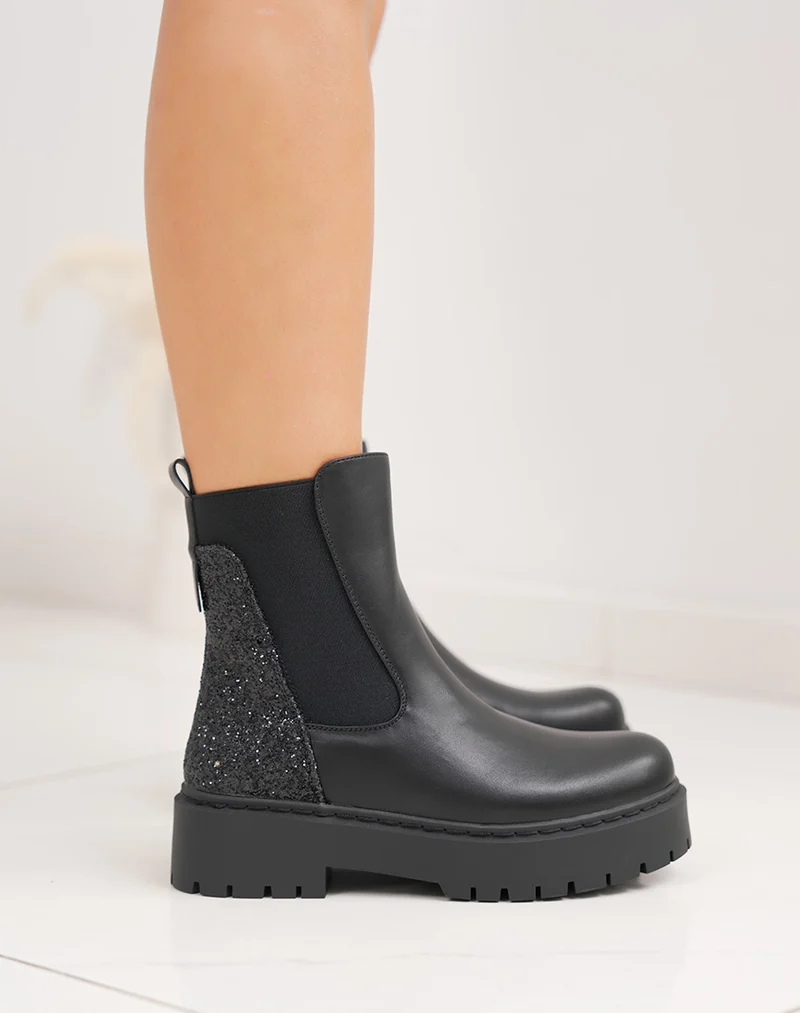 Bottines femme noires tendance style Chelsea avec paillettes arrière et semelle crantée
