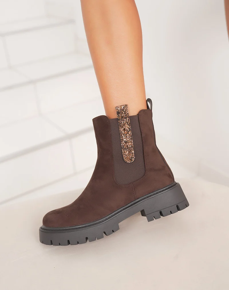 Bottines femme marron en suédine style Chelsea avec paillettes et semelle crantée