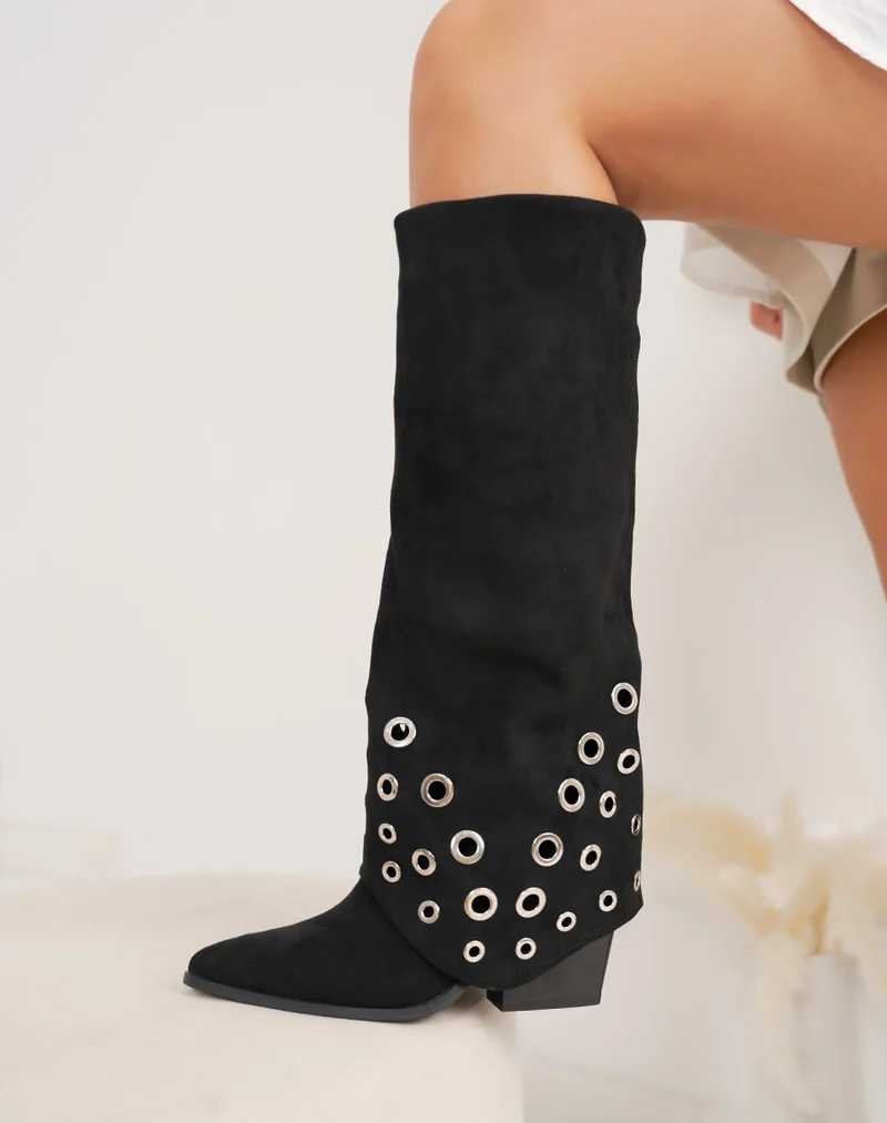 Bottes femme noires élégantes en suédine à talon biseauté avec détails argentés