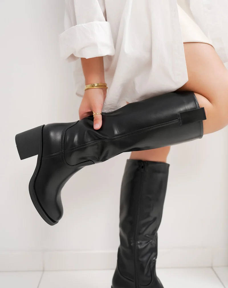 Bottes femme noires à talon carré 8cm élégantes avec couture simple