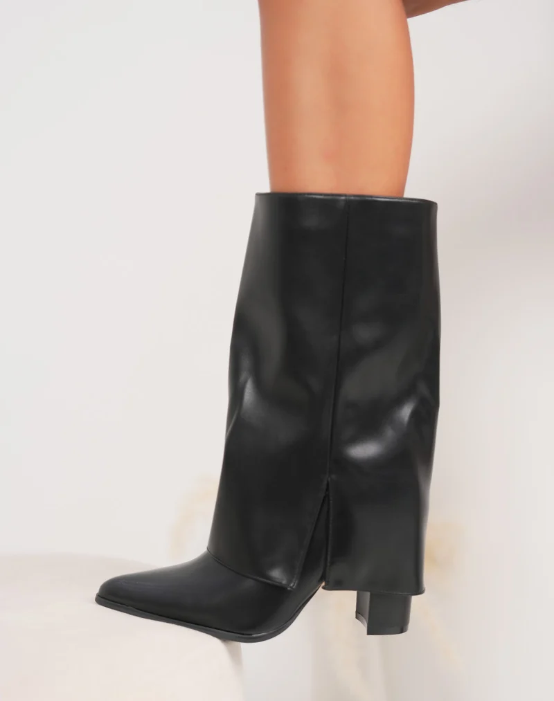 Bottines hautes noires à revers – Talon carré avec intérieur fourré