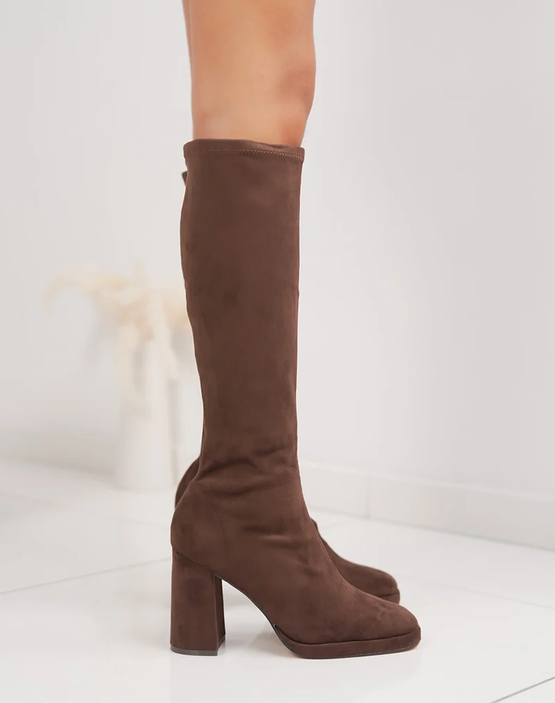 Bottes marron en suédine effet chaussette – Talon haut épais