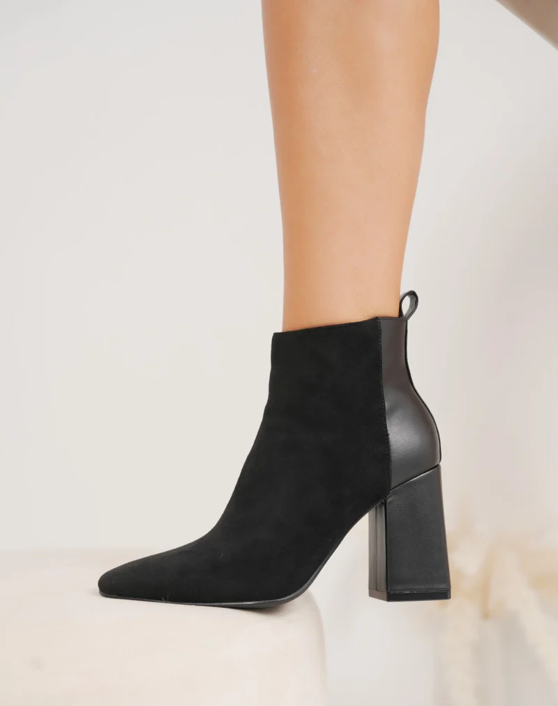 Bottines femme noires élégantes bi-matière à talon haut épais et bout pointu