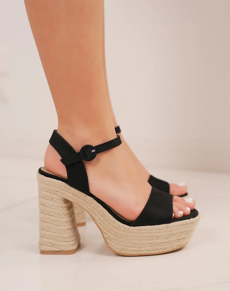 Sandales femme en suédine noire à talon en jute tendance et haut