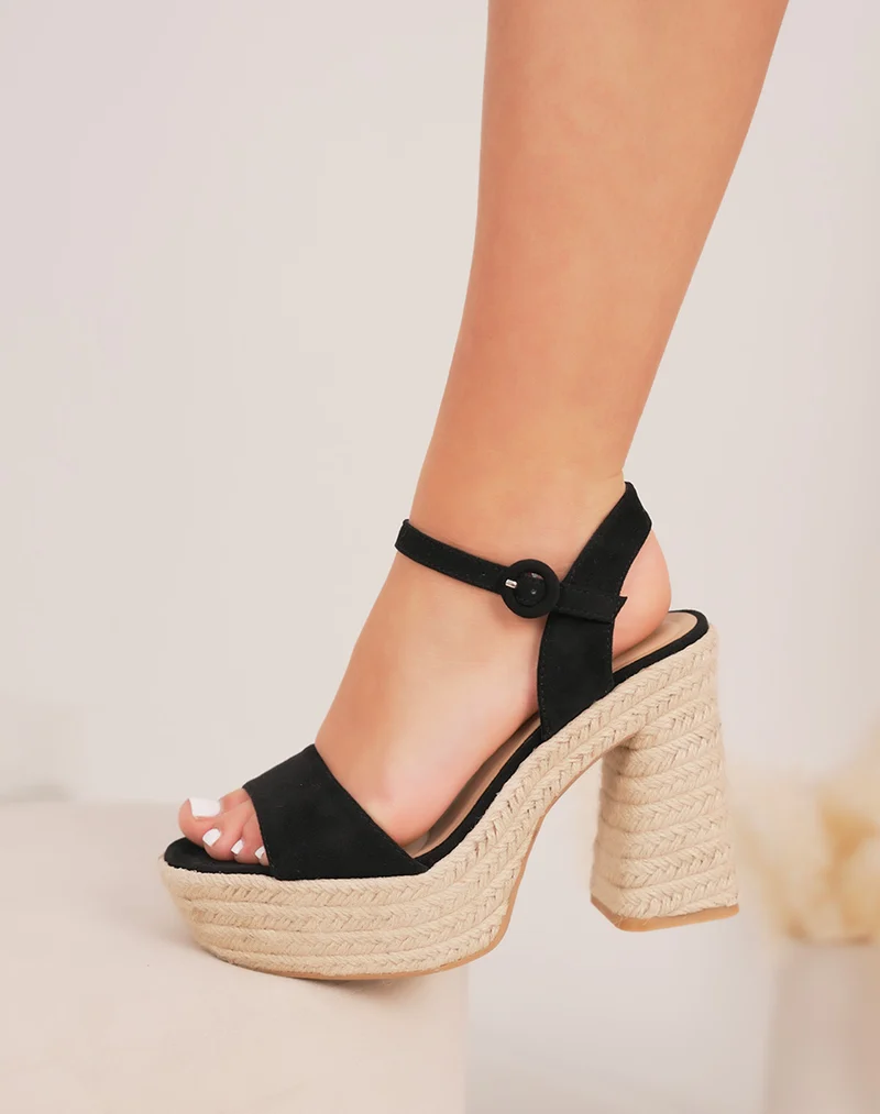 Sandales femme en suédine noire à talon en jute tendance et haut