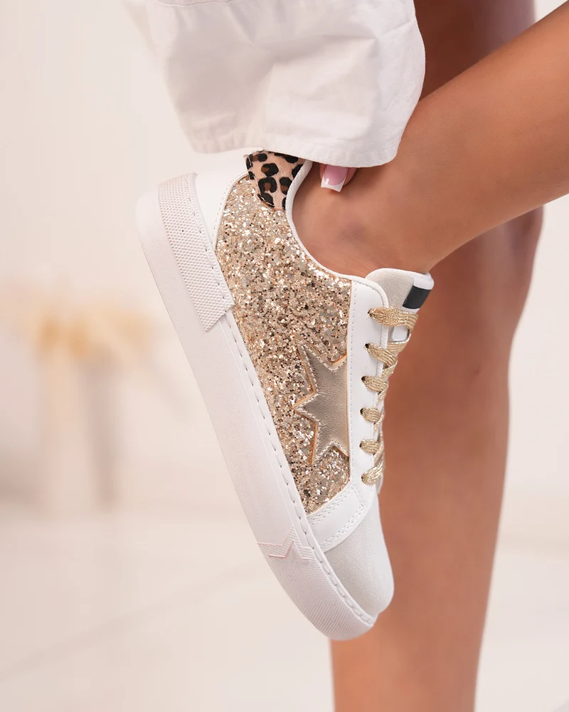 Basket Femme Beige à Empiècement Pailleté Doré et Détails Tendance