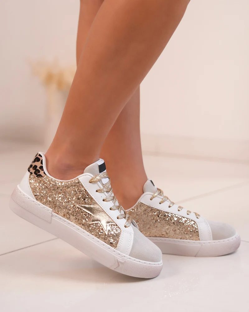 Basket Femme Beige à Empiècement Pailleté Doré et Détails Tendance