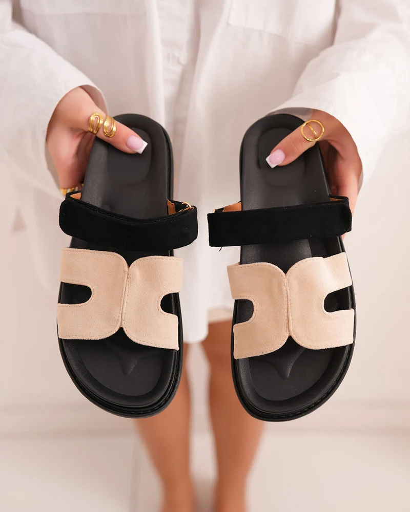 Mules femme beiges et noires avec brides H et scratch