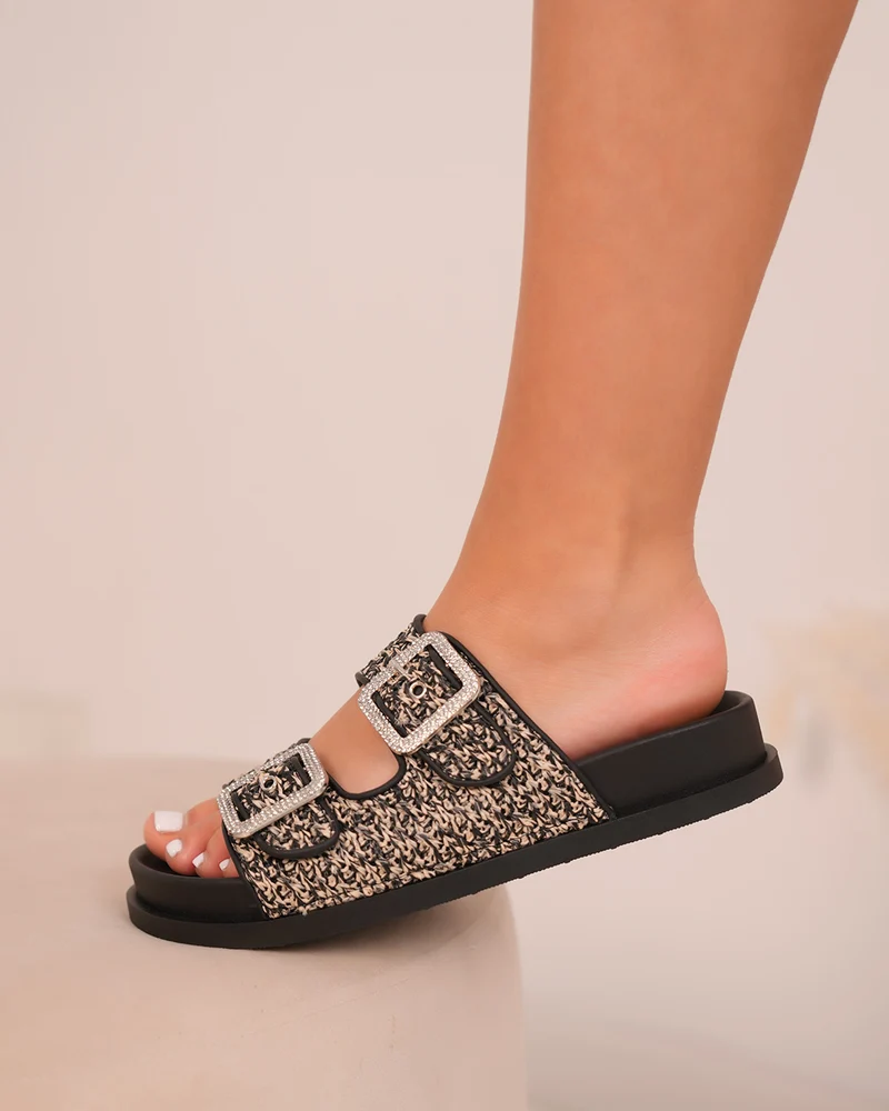 Mules femme noires et blanches effet tissé avec boucles à strass