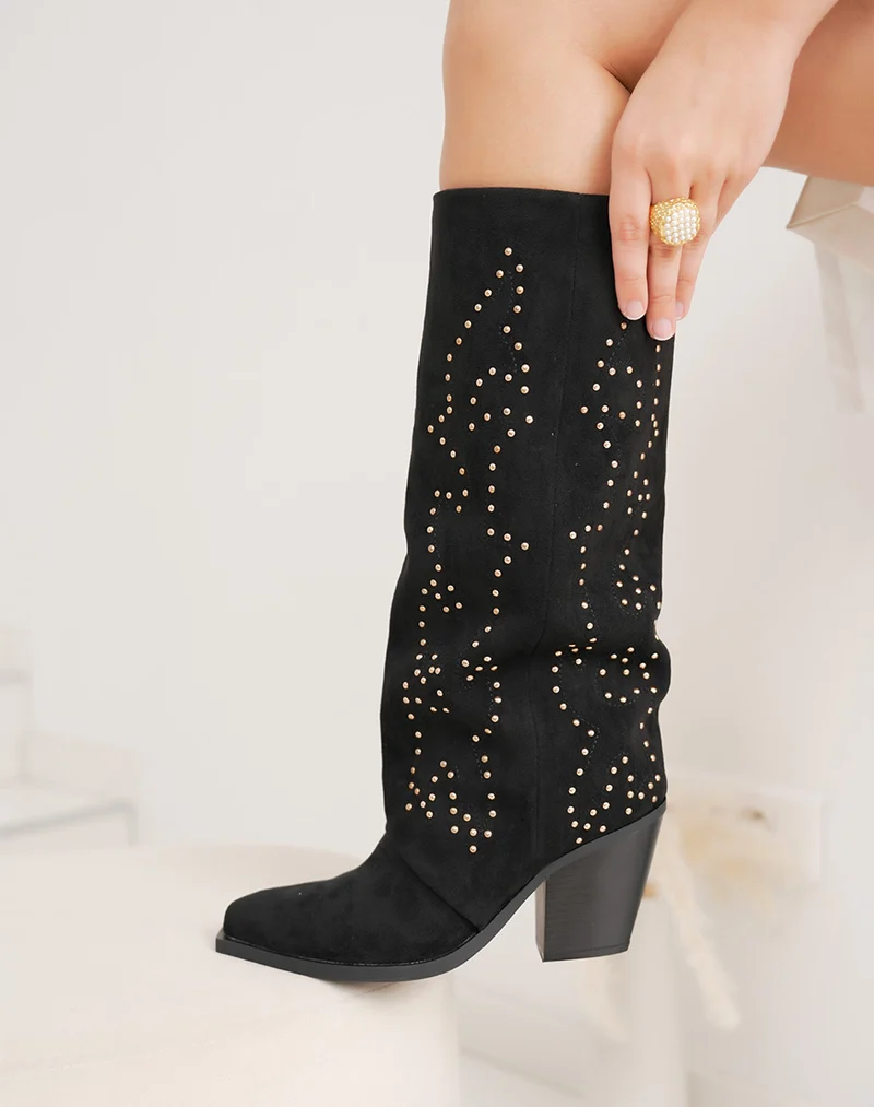 Bottes femme noires style santiags en suédine avec brillants dorés