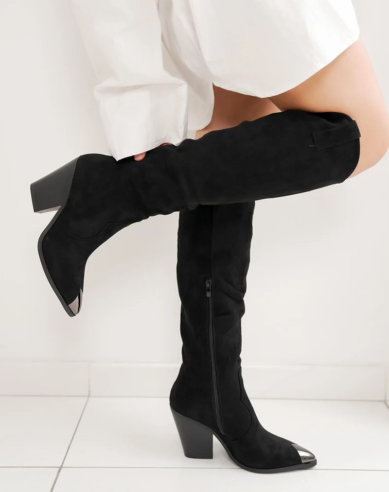 Bottes femme noire en suédine tendance à bout brillant et talon biseauté