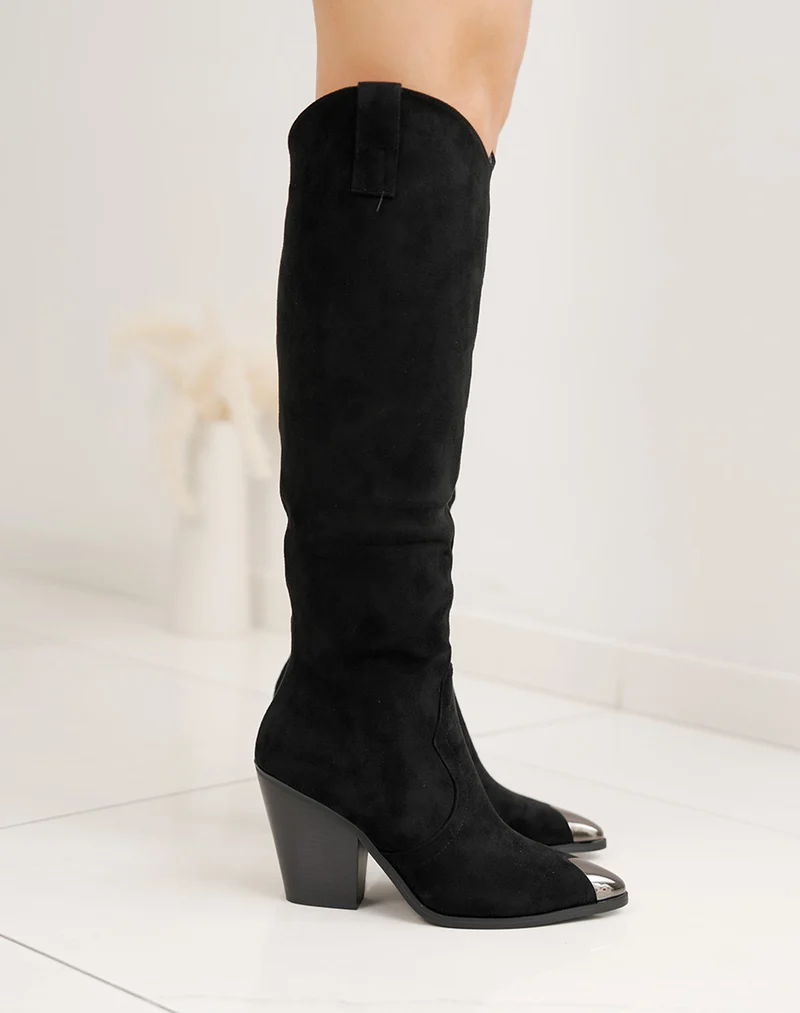 Bottes femme noire en suédine tendance à bout brillant et talon biseauté