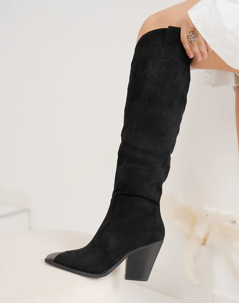 Bottes femme noire en suédine tendance à bout brillant et talon biseauté