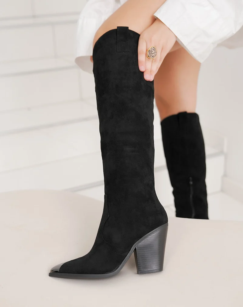Bottes femme noire en suédine tendance à bout brillant et talon biseauté