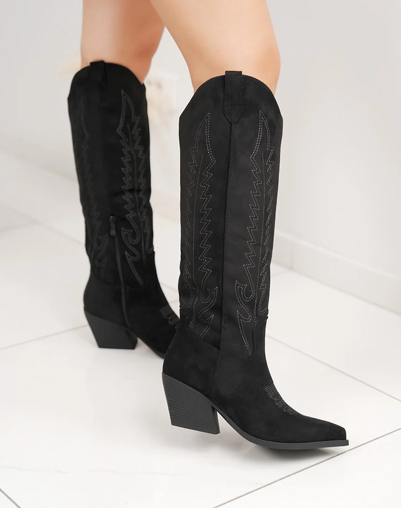 Bottes santiags femme noires en suédine avec broderies et talon de 7cm
